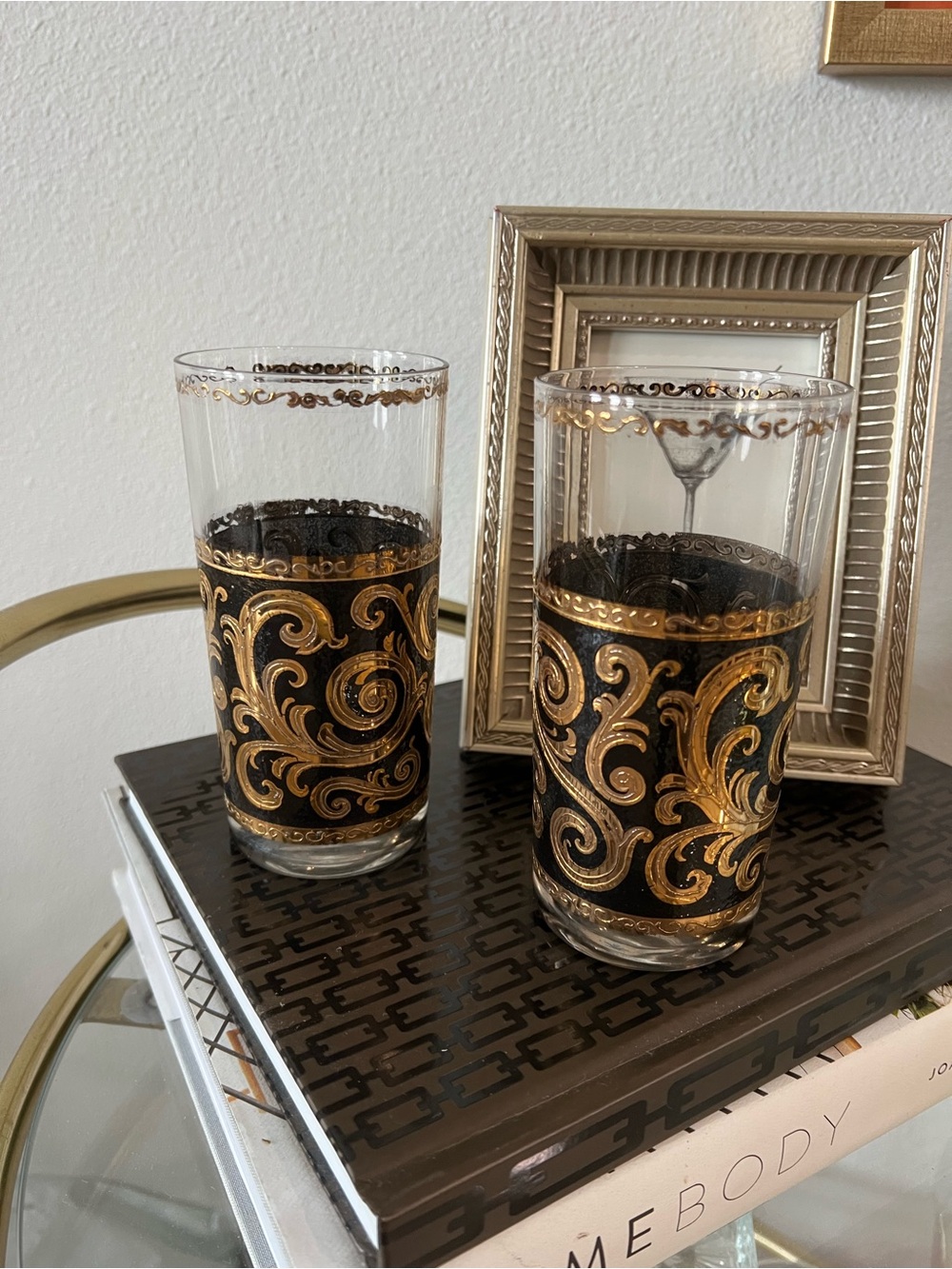 Culver Elegant Black and Gold Scroll Glass Tumblers - Set of 2